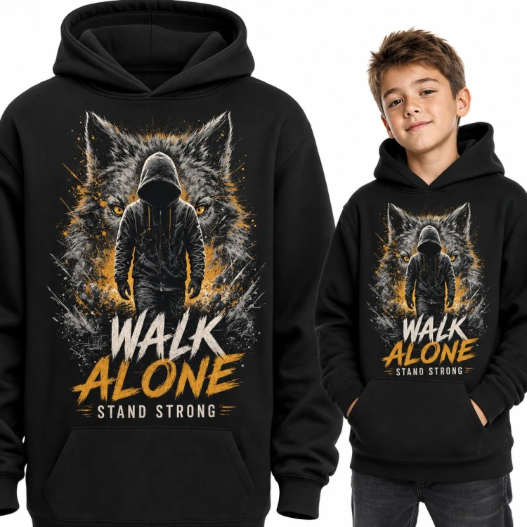 Bluza chłopięca z kapturem - wilk i napis „Walk alone stand strong”
