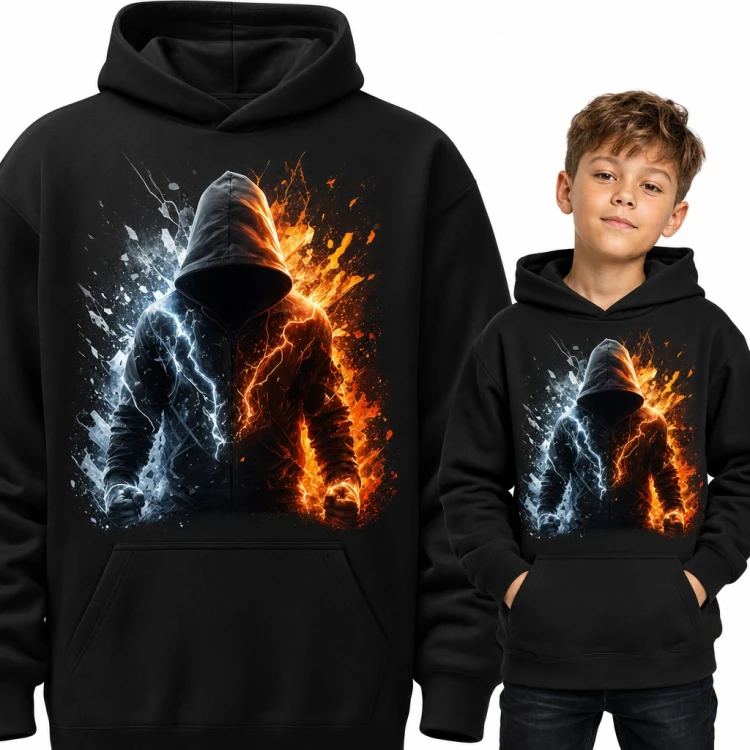 Bluza chłopięca z kapturem - wojownik ognia i lodu z błyskawicami