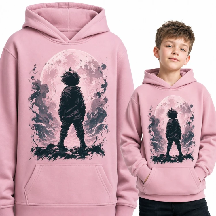 Bluza chłopięca z kapturem - bohater anime na tle księżyca w pełni