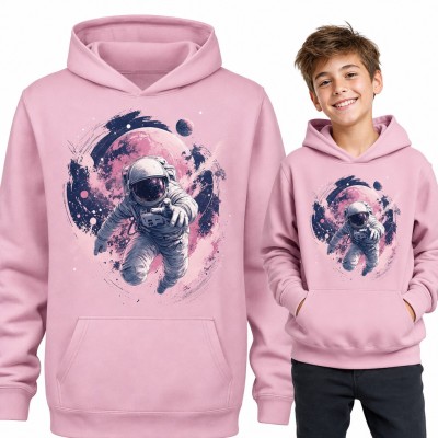 Bluza chłopięca z kapturem - astronauta w stanie nieważkości na tle różowej planety