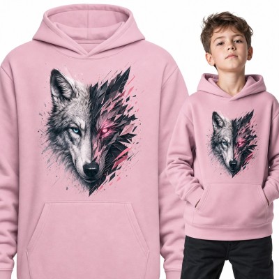 Bluza chłopięca z kapturem - geometryczny wilk ze świecącym okiem