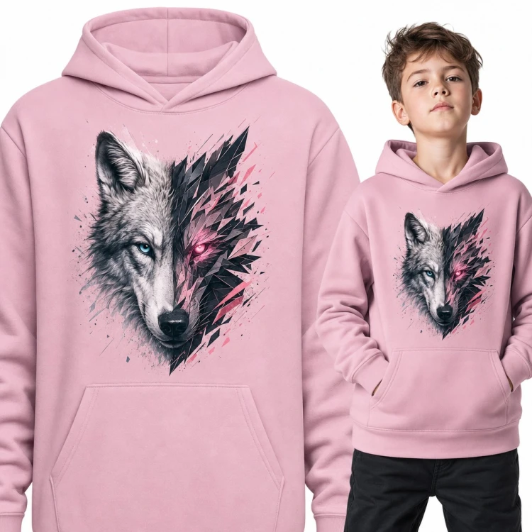 Bluza chłopięca z kapturem - geometryczny wilk ze świecącym okiem