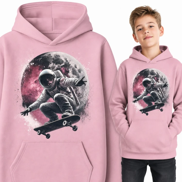 Bluza chłopięca z kapturem - astronauta na deskorolce na tle Księżyca