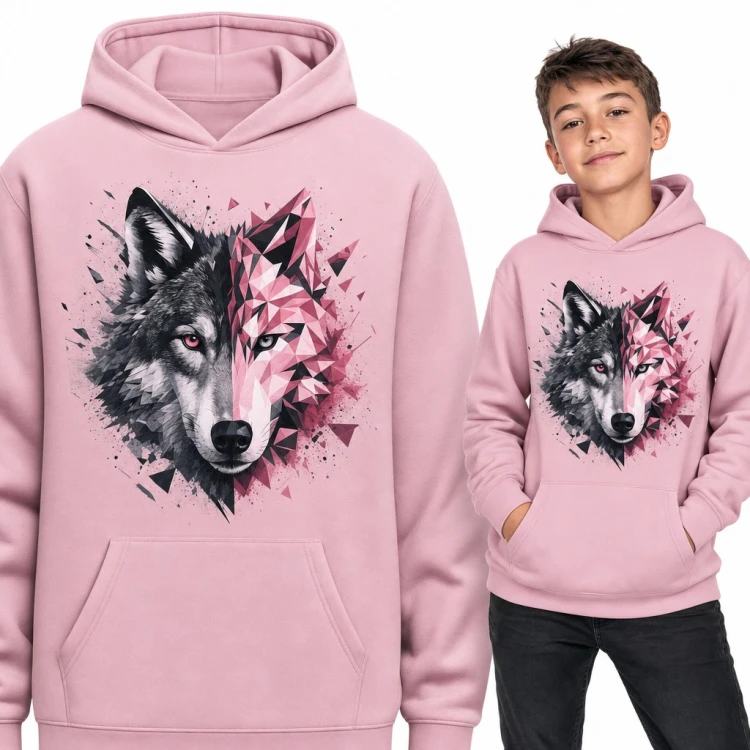 Bluza chłopięca z kapturem - geometryczny wilk pół realistyczny, pół z trójkątów