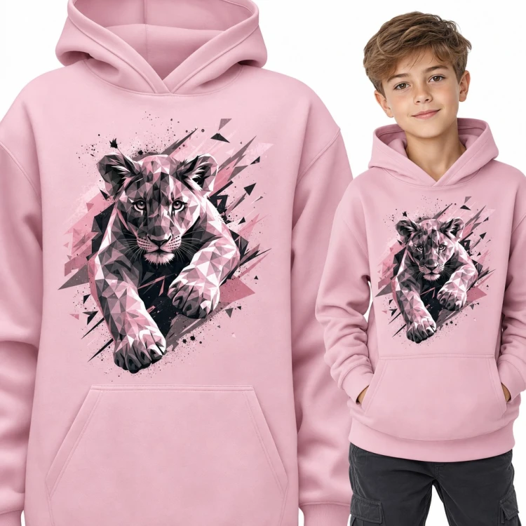 Bluza chłopięca z kapturem - geometryczna lwica w skoku low poly