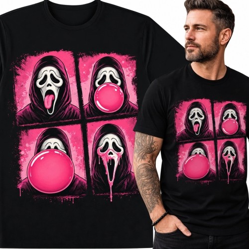 Koszulka męska z maską grozy i różową gumą balonową - pop-artowy horror
