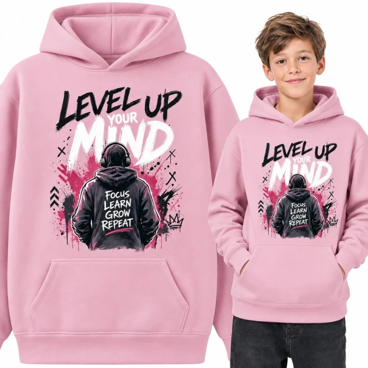 Bluza chłopięca z kapturem - motywacyjny napis „Level Up Your Mind” w stylu graffiti