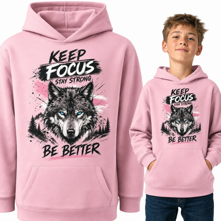 Bluza chłopięca z kapturem - wilk o niebieskich oczach i napis „Keep focus stay strong be better”