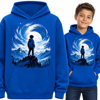 Bluza chłopięca z kapturem - chłopiec anime na szczycie pod księżycem w pełni
