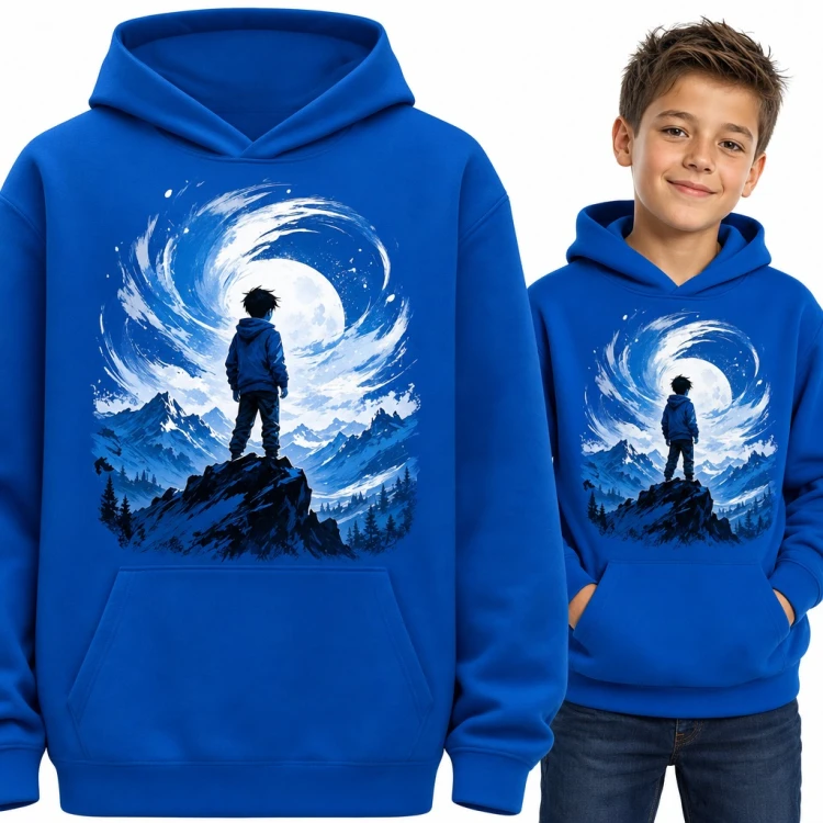 Bluza chłopięca z kapturem - chłopiec anime na szczycie pod księżycem w pełni