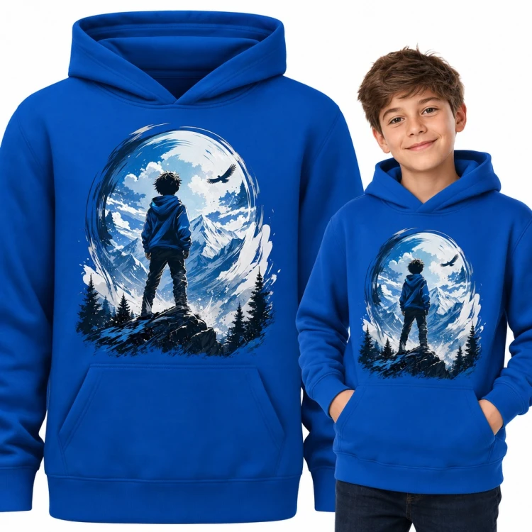 Bluza chłopięca z kapturem - chłopiec anime na szczycie gór z orłem