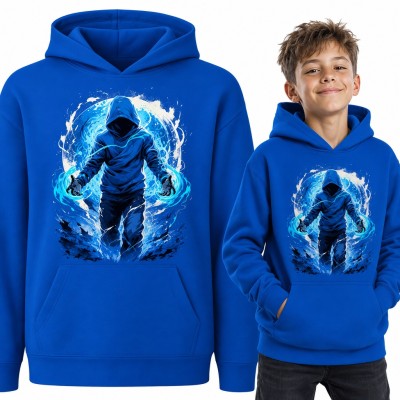 Bluza chłopięca z kapturem - zakapturzony mag z magiczną mocą na tle księżyca