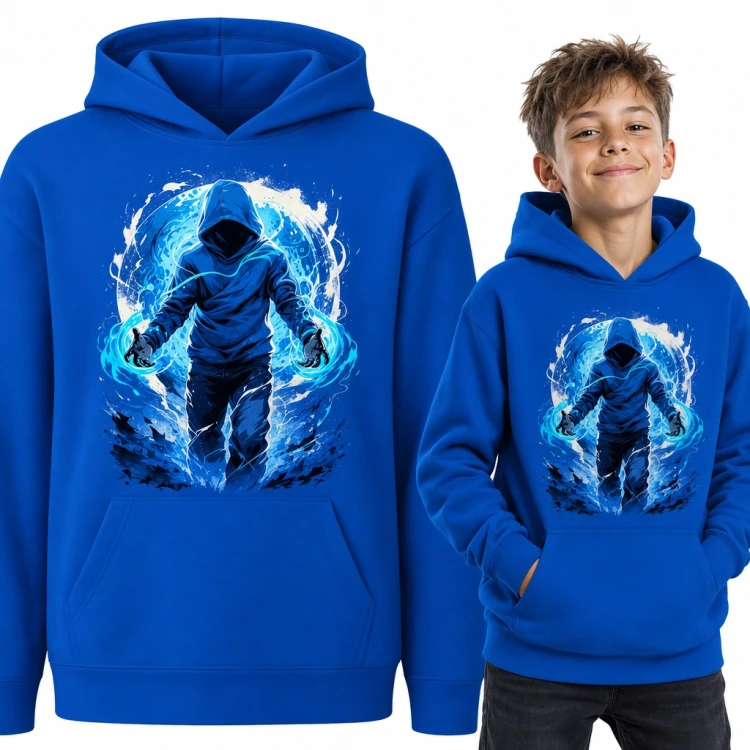 Bluza chłopięca z kapturem - zakapturzony mag z magiczną mocą na tle księżyca