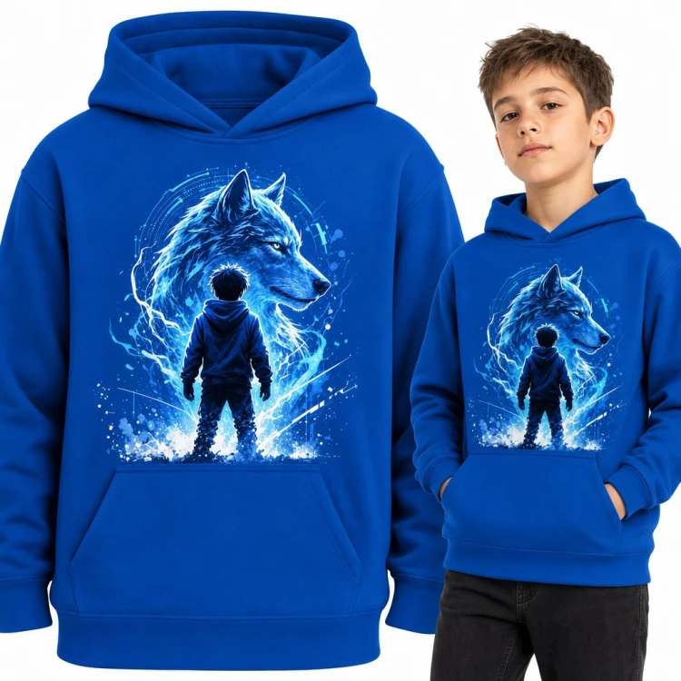 Bluza chłopięca z kapturem - chłopiec i świetlisty wilk w stylu anime