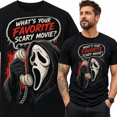 Koszulka męska z Ghostface’em i napisem „What’s your favorite scary movie?” - horror