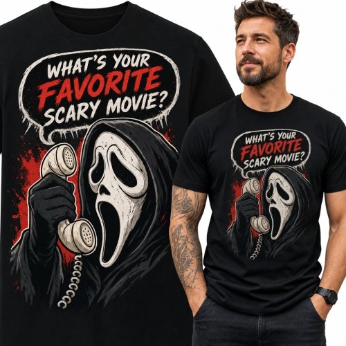 Koszulka męska z Ghostface’em i napisem „What’s your favorite scary movie?” - horror