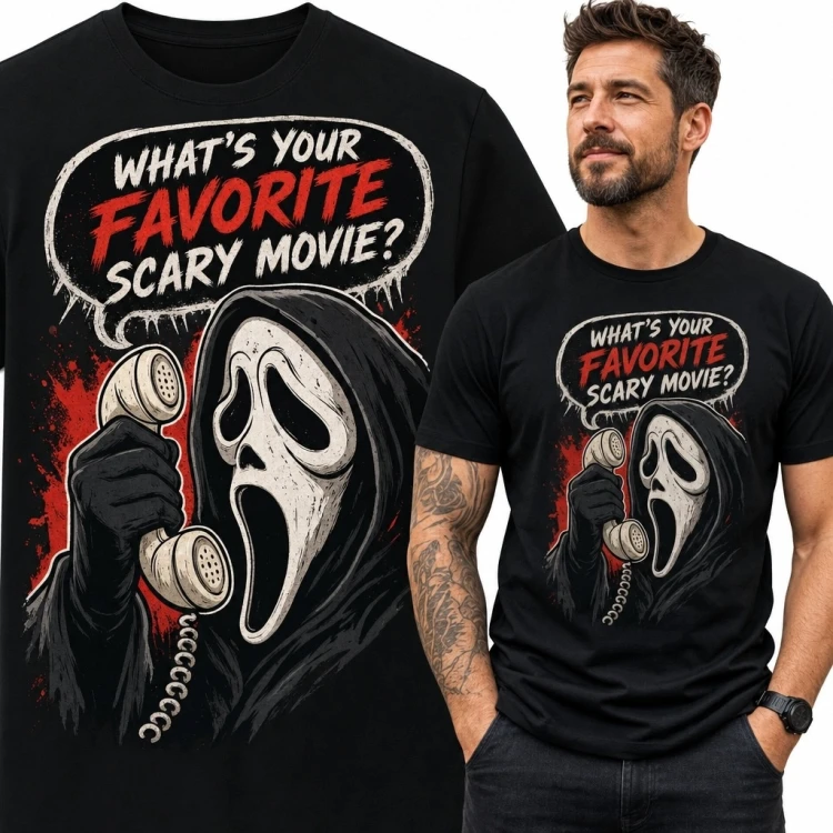 Koszulka męska z Ghostface’em i napisem „What’s your favorite scary movie?” - horror