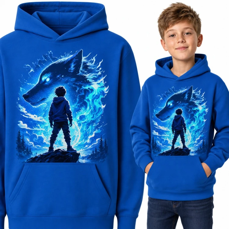 Bluza chłopięca z kapturem - duch wilka i chłopiec na skale w stylu anime