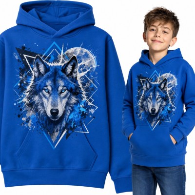 Bluza chłopięca z kapturem - wilk z niebieskimi oczami na tle księżyca