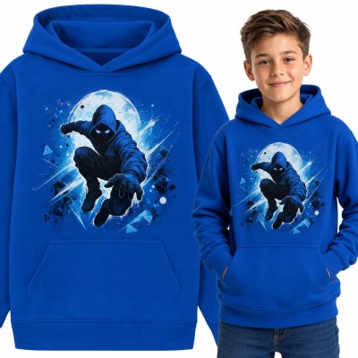 Bluza chłopięca z kapturem - zakapturzony ninja w skoku na tle pełni księżyca