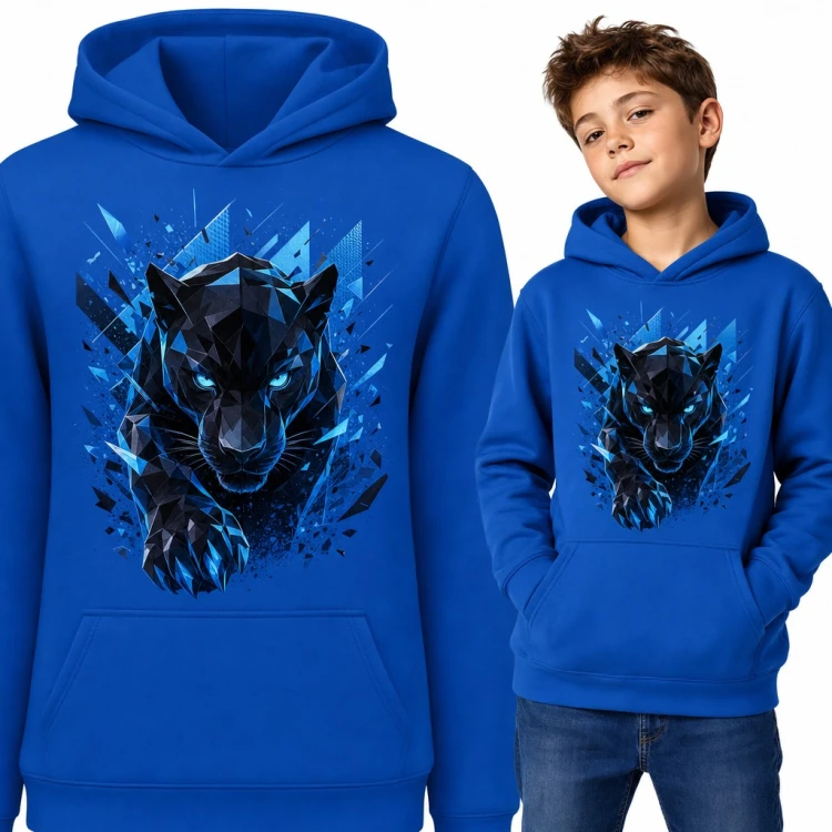 Bluza chłopięca z kapturem - czarna pantera low poly z błękitnymi oczami