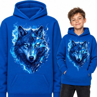 Bluza chłopięca z kapturem - wilk pół geometryczny w niebieskich płomieniach