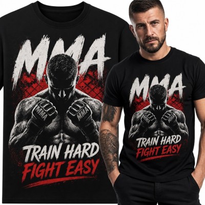 Koszulka męska MMA z zawodnikiem „Train Hard Fight Easy” - sporty walki