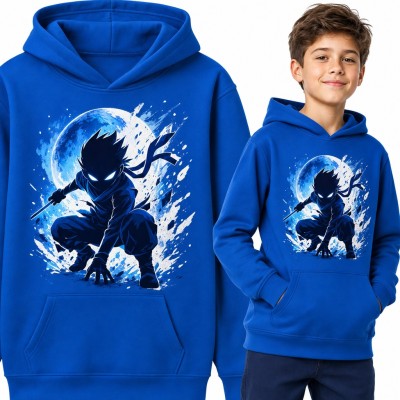 Bluza chłopięca z kapturem - ninja anime z katanami na tle księżyca