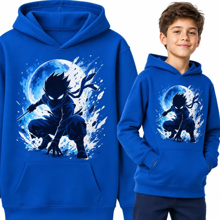 Bluza chłopięca z kapturem - ninja anime z katanami na tle księżyca