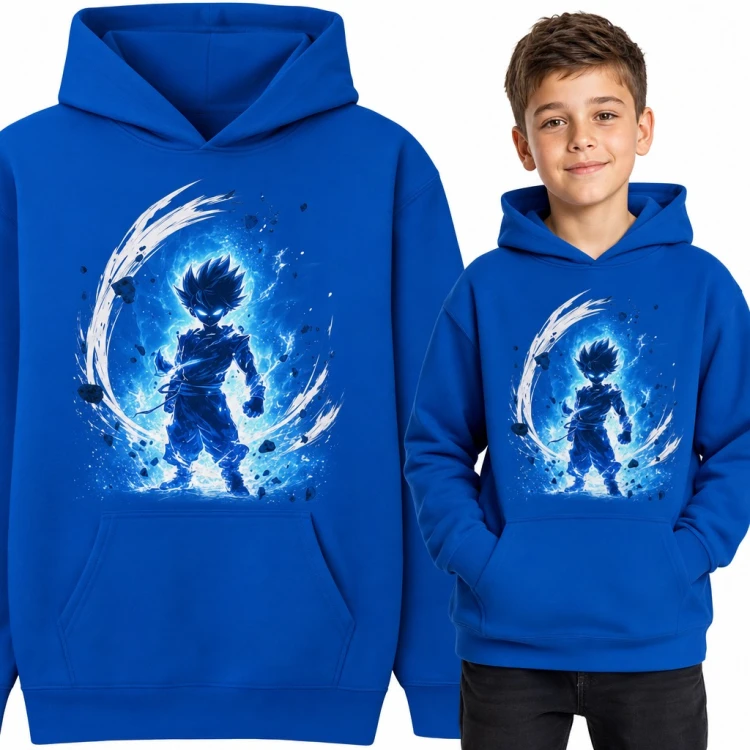 Bluza chłopięca z kapturem - anime wojownik w niebieskiej aurze mocy