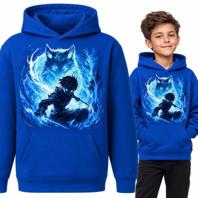 Bluza chłopięca z kapturem - anime wojownik z mieczami i duchowy wilk w niebieskich płomieniach