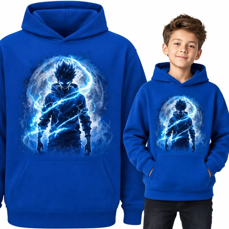 Bluza chłopięca z kapturem - bohater anime w błyskawicach na tle księżyca