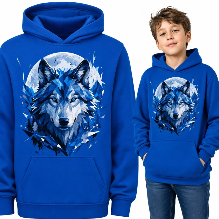 Bluza chłopięca z kapturem - geometryczny wilk na tle księżyca w pełni