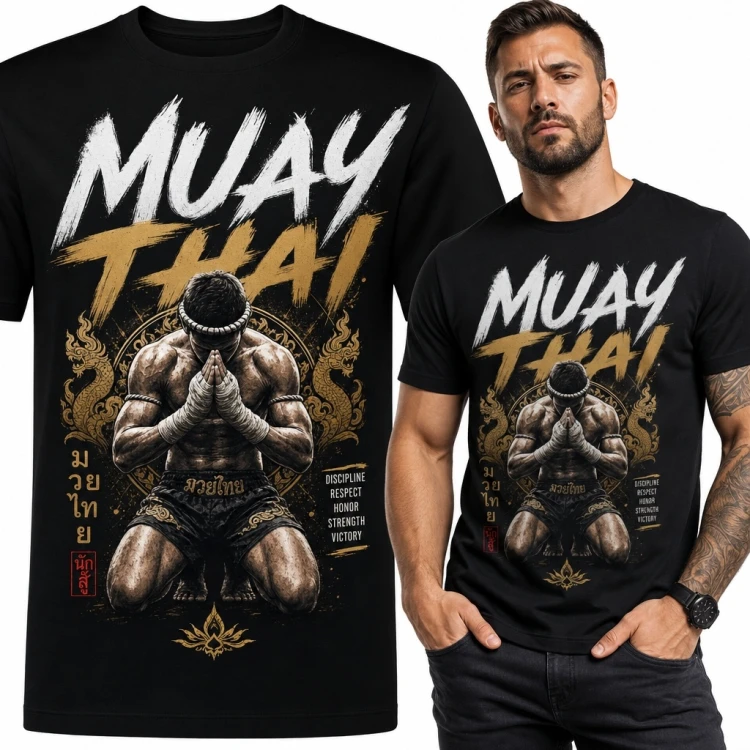 Koszulka męska z klęczącym zawodnikiem i napisem „Muay Thai” - sporty walki