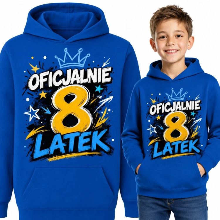 Bluza chłopięca z kapturem na 8 urodziny - „Oficjalnie 8 latek” z koroną