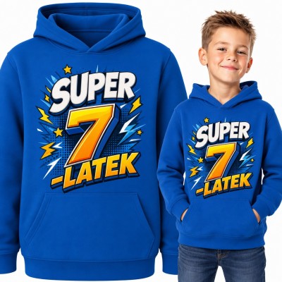 Bluza chłopięca z kapturem „Super 7-latek” na 7 urodziny - komiksowy napis z błyskawicami