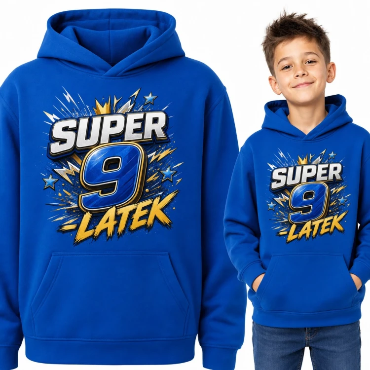 Bluza chłopięca z kapturem „Super 9 latek” - na 9 urodziny z błyskawicami