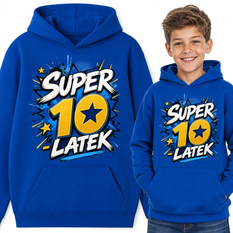 Bluza chłopięca z kapturem - „Super 10-latek” komiksowy napis na 10 urodziny