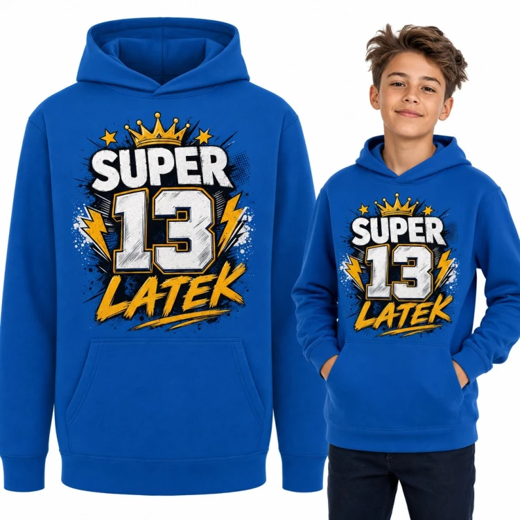 Bluza chłopięca z kapturem „Super 13 latek” na 13 urodziny z koroną