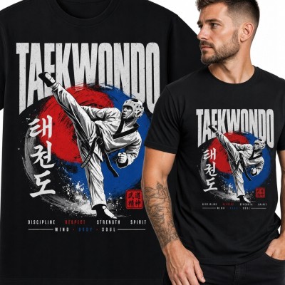 Koszulka męska „Taekwondo” z wysokim kopnięciem - sportowy motyw sztuk walki