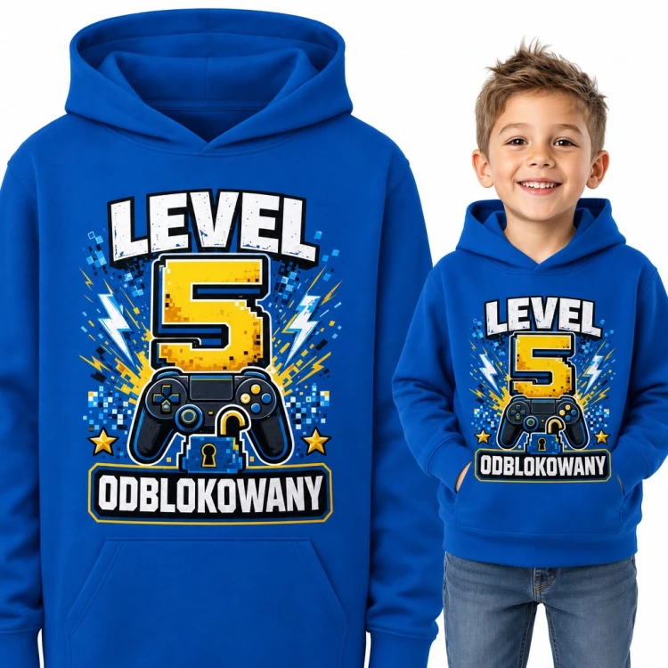 Bluza chłopięca z kapturem na 5 urodziny - „Level 5 odblokowany” z padem dla małego gracza
