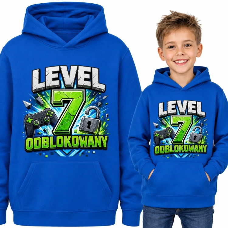 Bluza chłopięca z kapturem „Level 7 odblokowany” - na 7 urodziny dla małego gracza