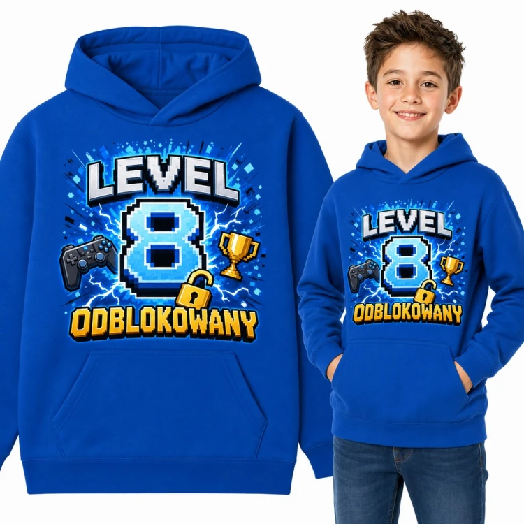Bluza chłopięca z kapturem na 8 urodziny - pikselowy „Level 8 odblokowany”