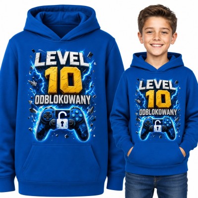 Bluza chłopięca z kapturem na 10 urodziny - pad z kłódką i napis „Level 10 odblokowany”