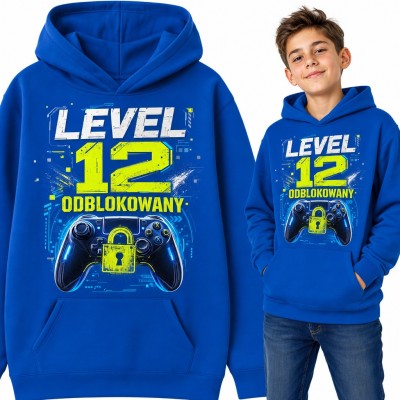 Bluza chłopięca z kapturem na 12 urodziny - „Level 12 odblokowany” z padem i kłódką