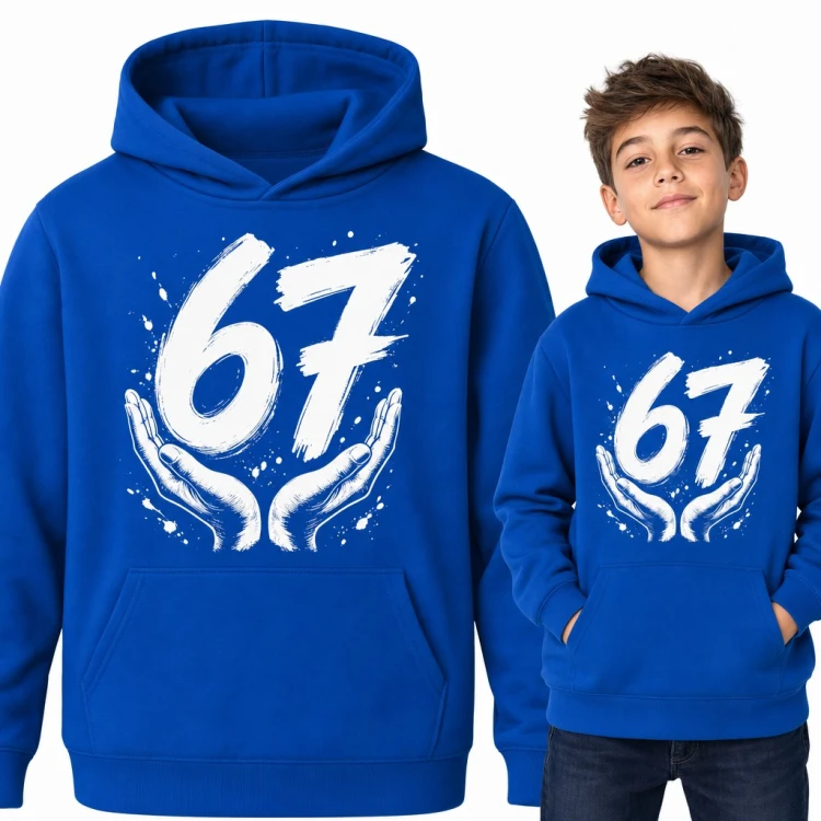 Bluza chłopięca z kapturem „67” - mem Six Seven z gestem dłoni