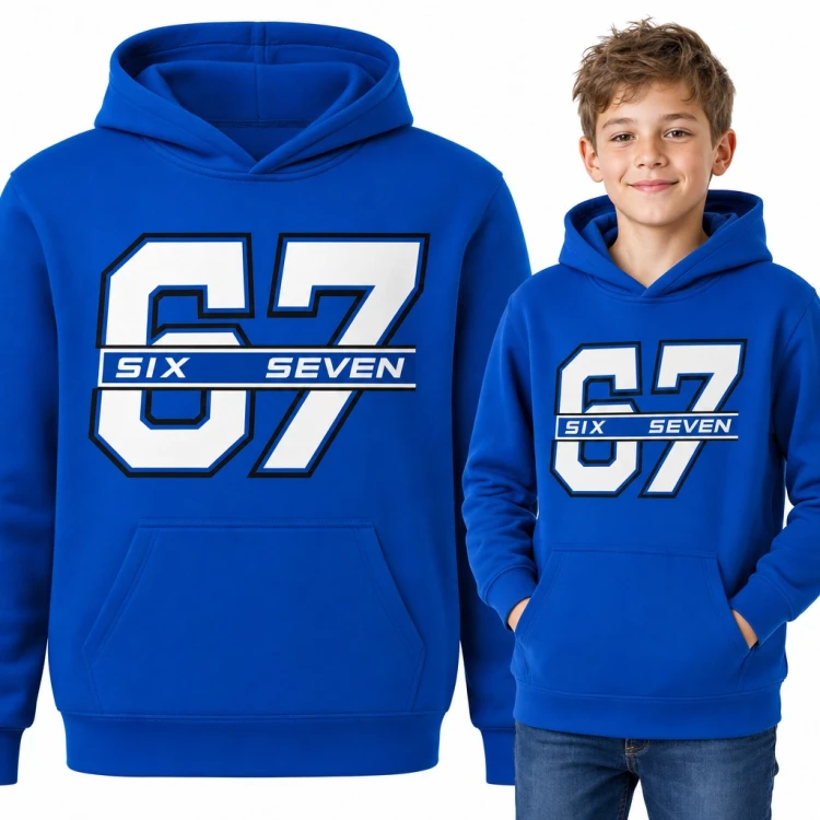 Bluza chłopięca z kapturem - „67 Six Seven” mem w stylu numeru sportowego