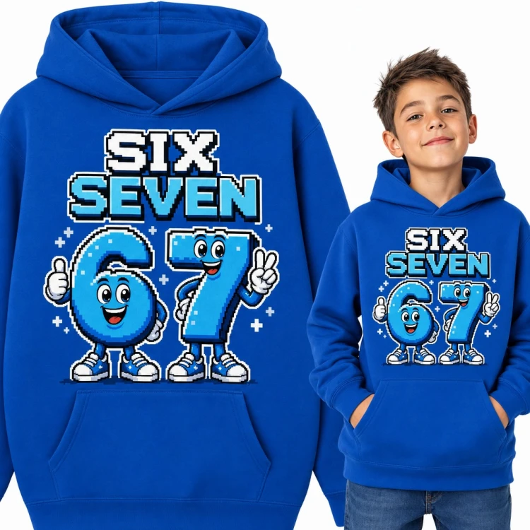 Bluza chłopięca z kapturem „Six Seven” - mem 67 z wesołymi cyframi pixel art