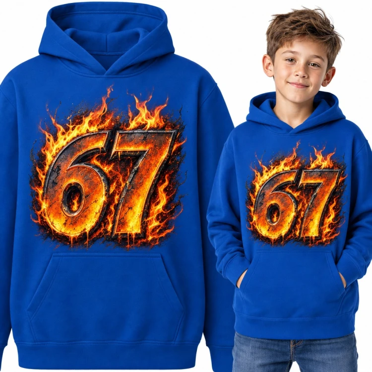 Bluza chłopięca z kapturem - płonący mem „67” Six Seven