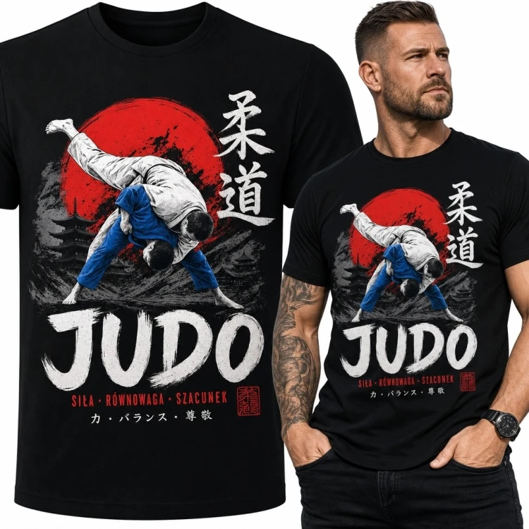 Koszulka męska „Judo” - dynamiczny rzut judoków na tle czerwonego słońca